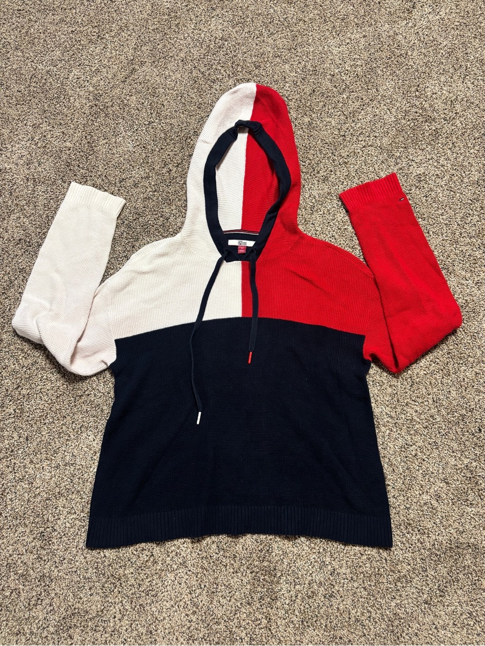 Tommy Hilfiger color-block waffle knit pullover hoodie Women’s small Big Flag